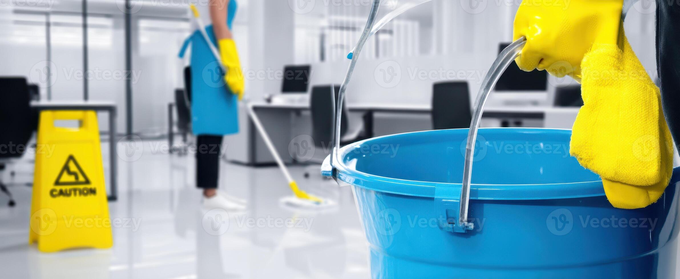 The blue bucket and mop in a modern office cleaning environment photo