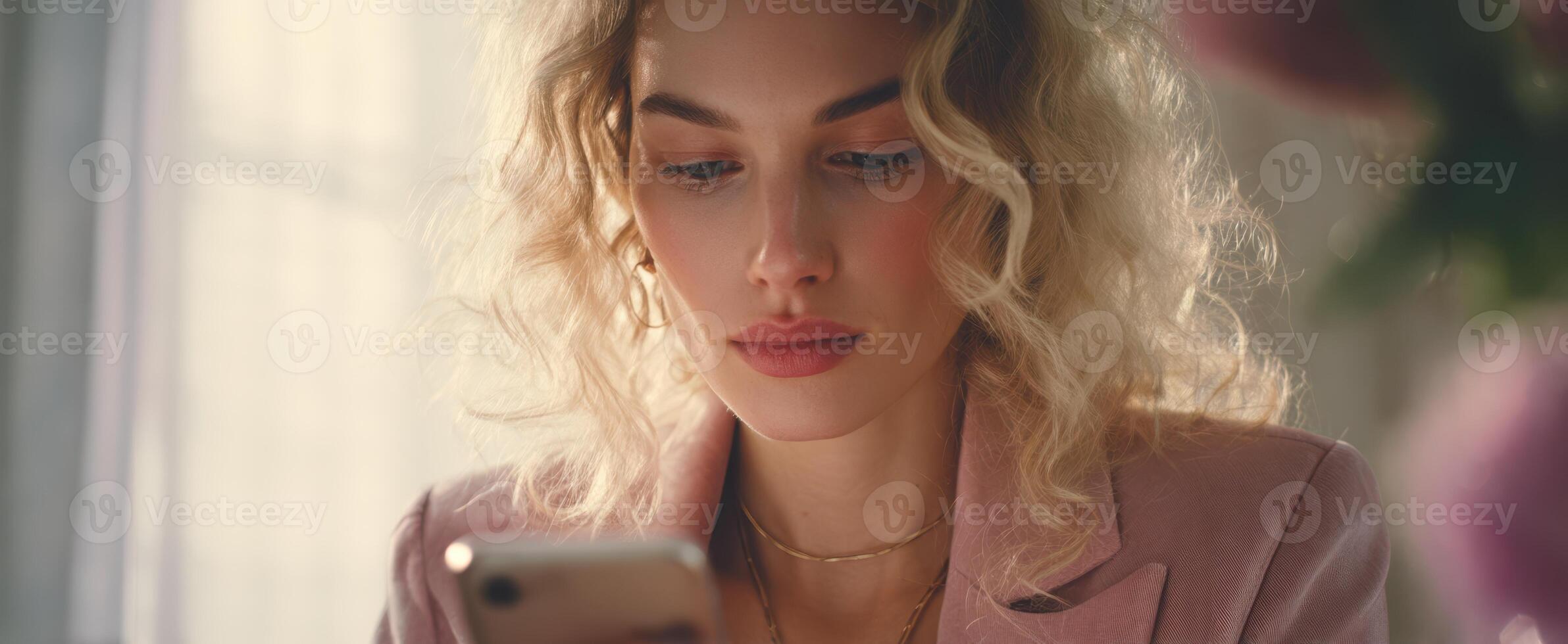 The Woman Holding a Smartphone in a Cozy Indoor Setting photo
