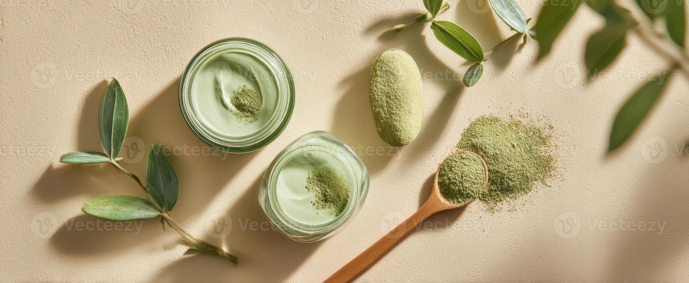 The beauty of natural skincare featuring green creams and herbal ingredients. photo