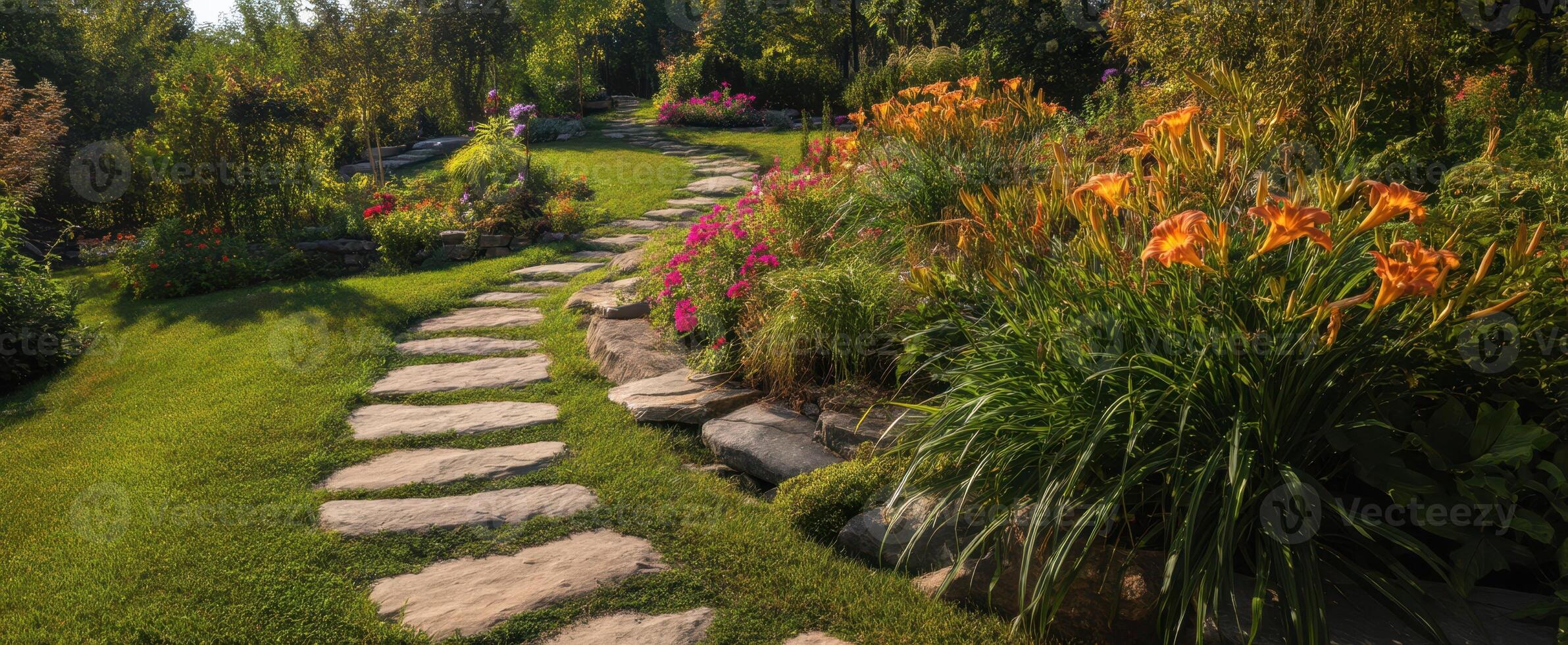 The Scenic Pathway Through a Beautifully Landscaped Garden in Full Bloom photo