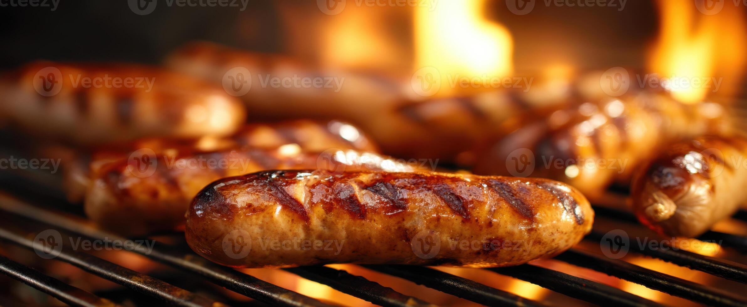 The Delicious Grilled Sausages on a Barbecue with Flames in Background photo