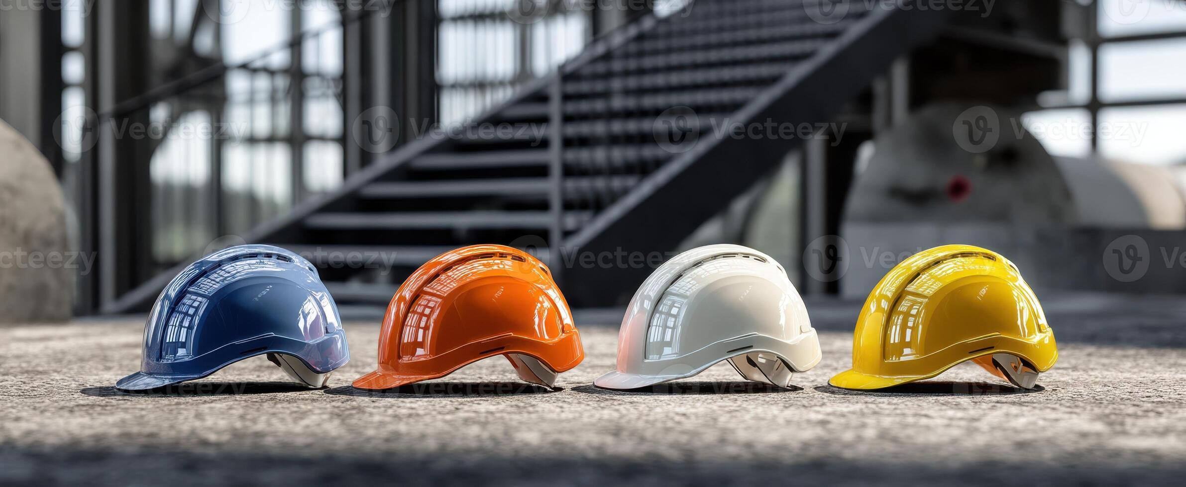 The colorful hard hats arranged on a construction site floor. photo
