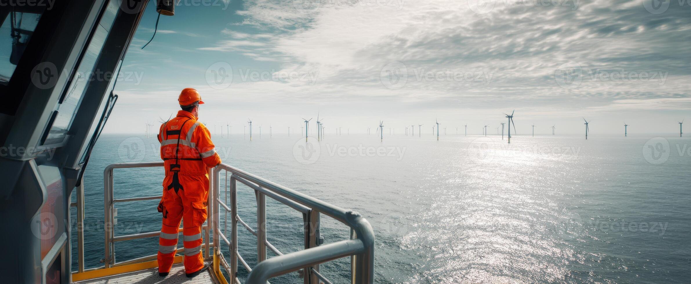 The offshore worker overseeing the expansive windfarm and serene ocean view photo