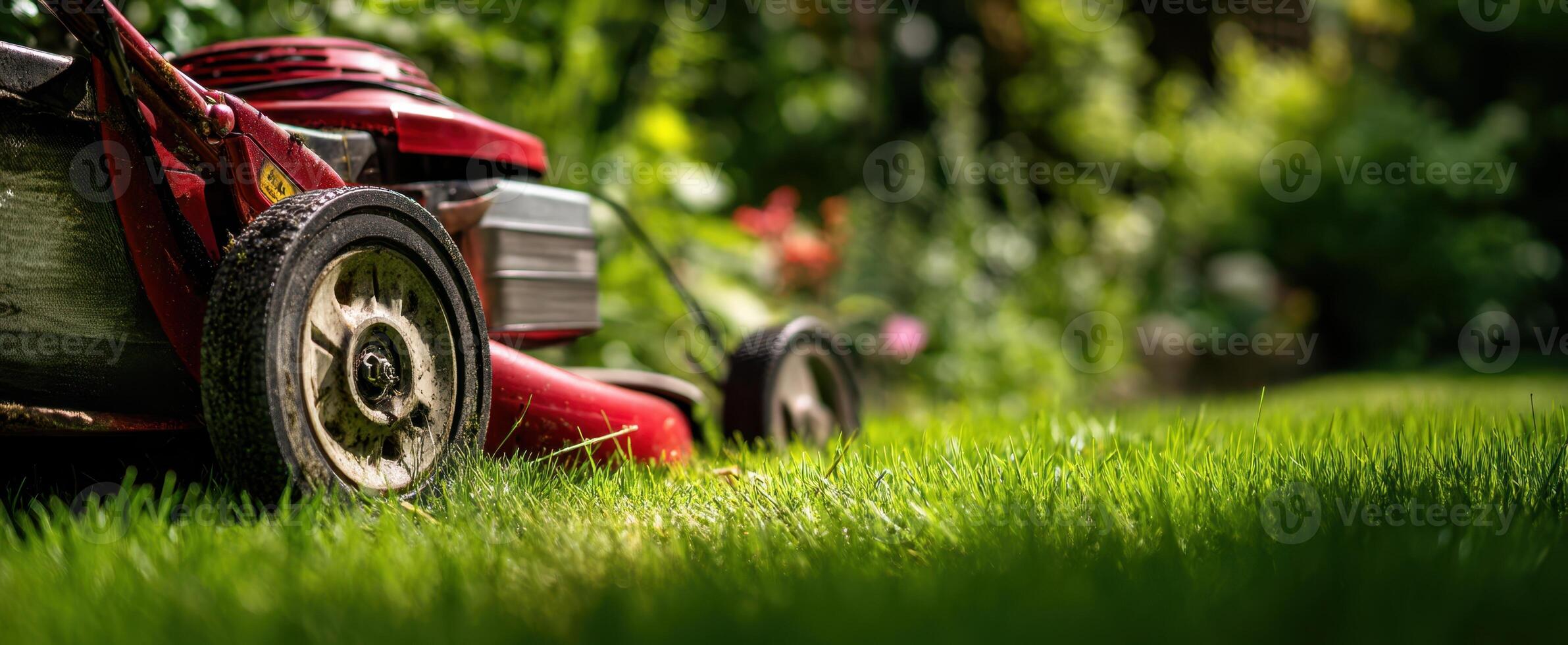 The vibrant red lawn mower resting on freshly cut grass in a serene garden photo