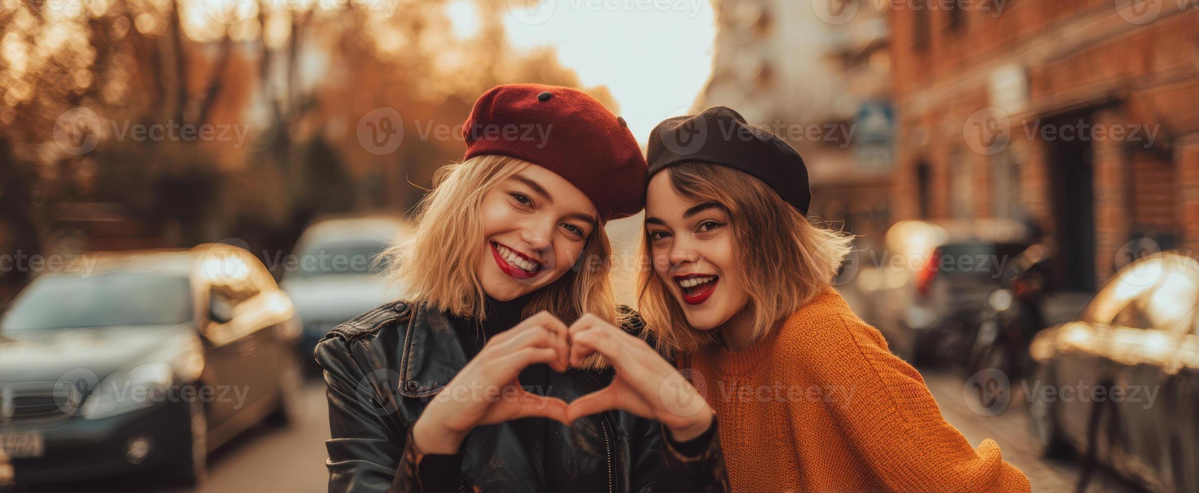 The joyful friends making heart shapes with hands in the city. photo