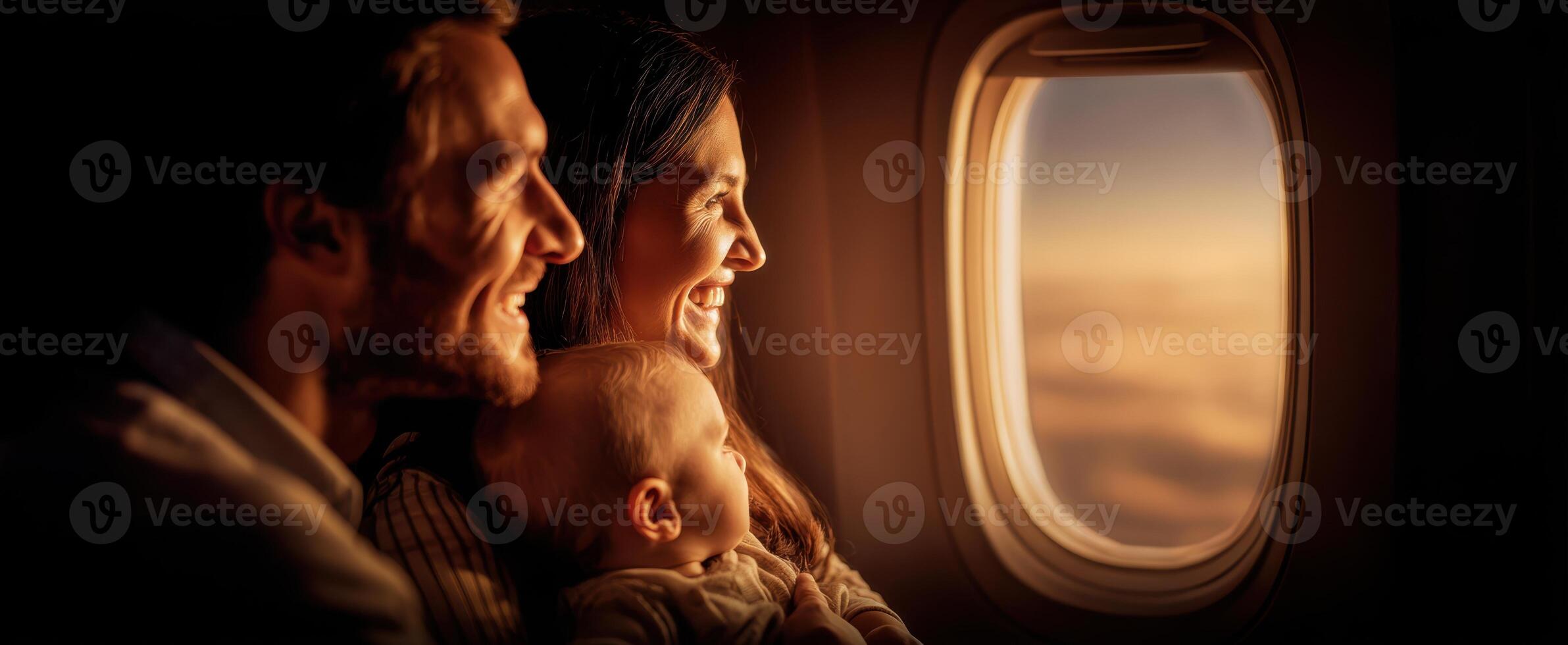 The joyful family enjoying a scenic view from an airplane window at sunset. photo