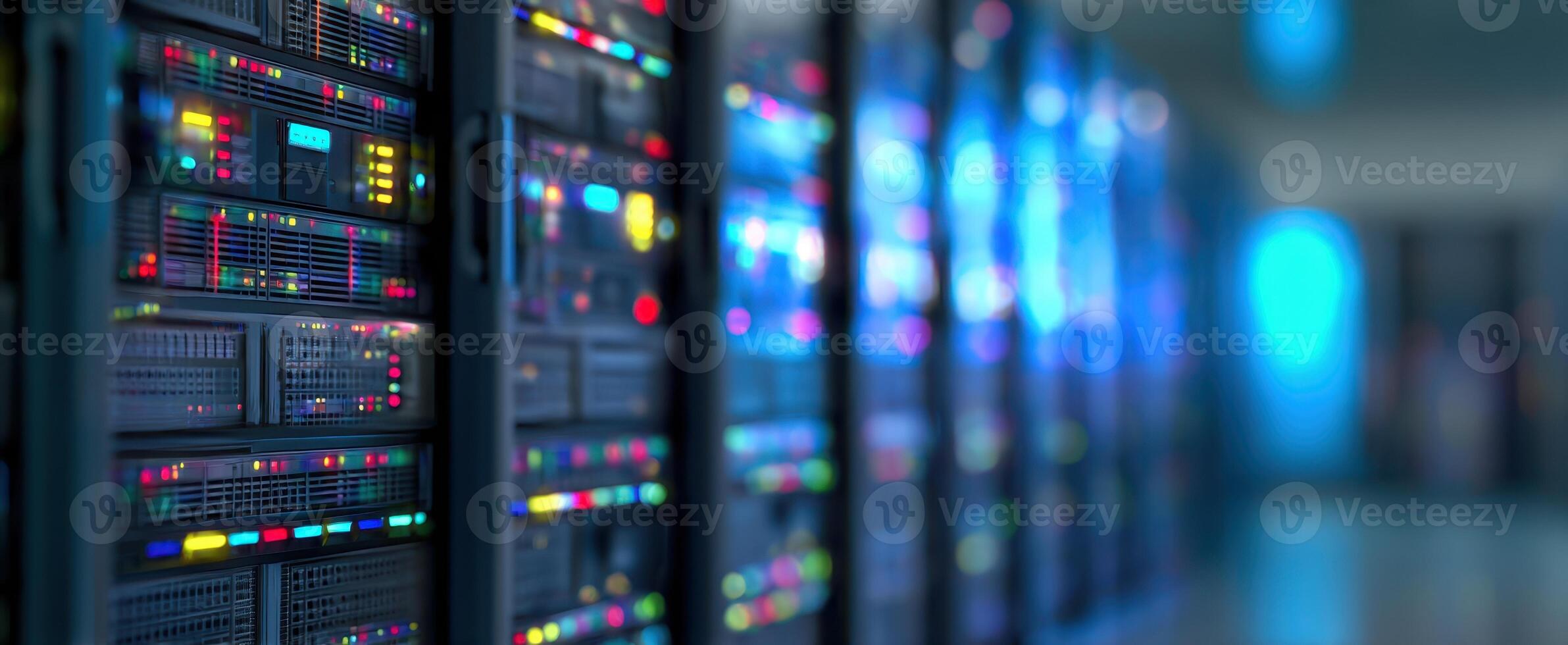 The advanced server racks illuminated in a modern digital data center photo