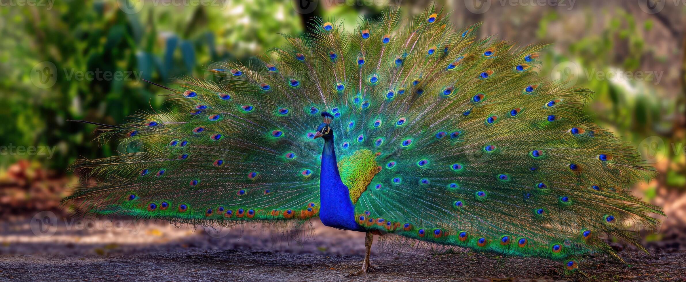 The majestic peacock displaying its vibrant tail feathers in nature. photo
