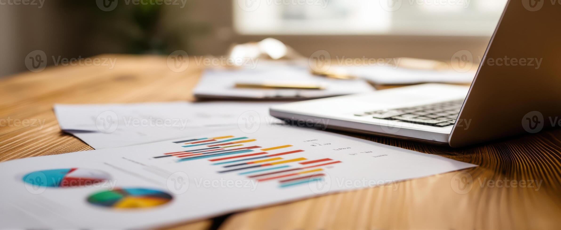 The workspace featuring a laptop and colorful analytical charts on the desk. photo