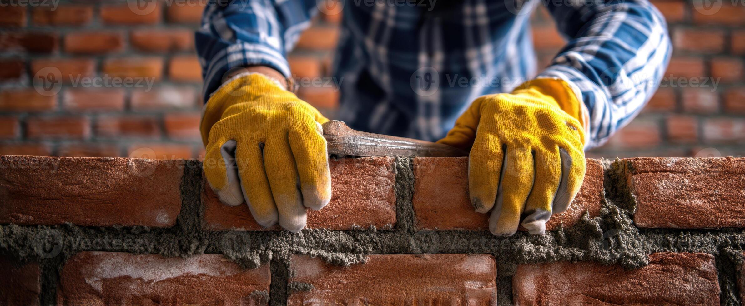 The skilled craftsman carefully lays bricks with precision and dedication. photo