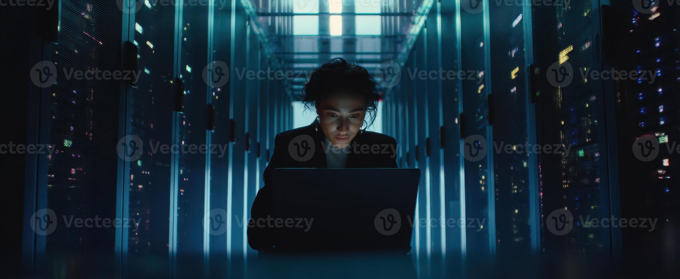 The focused individual analyzing data within a high-tech server environment. photo