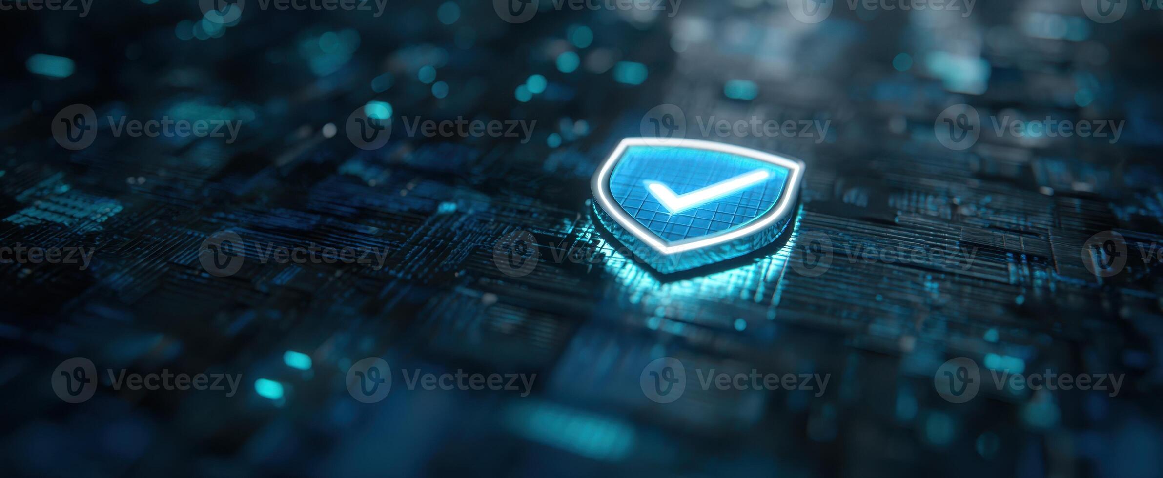 The glowing shield icon symbolizing digital security and protection in technology. photo