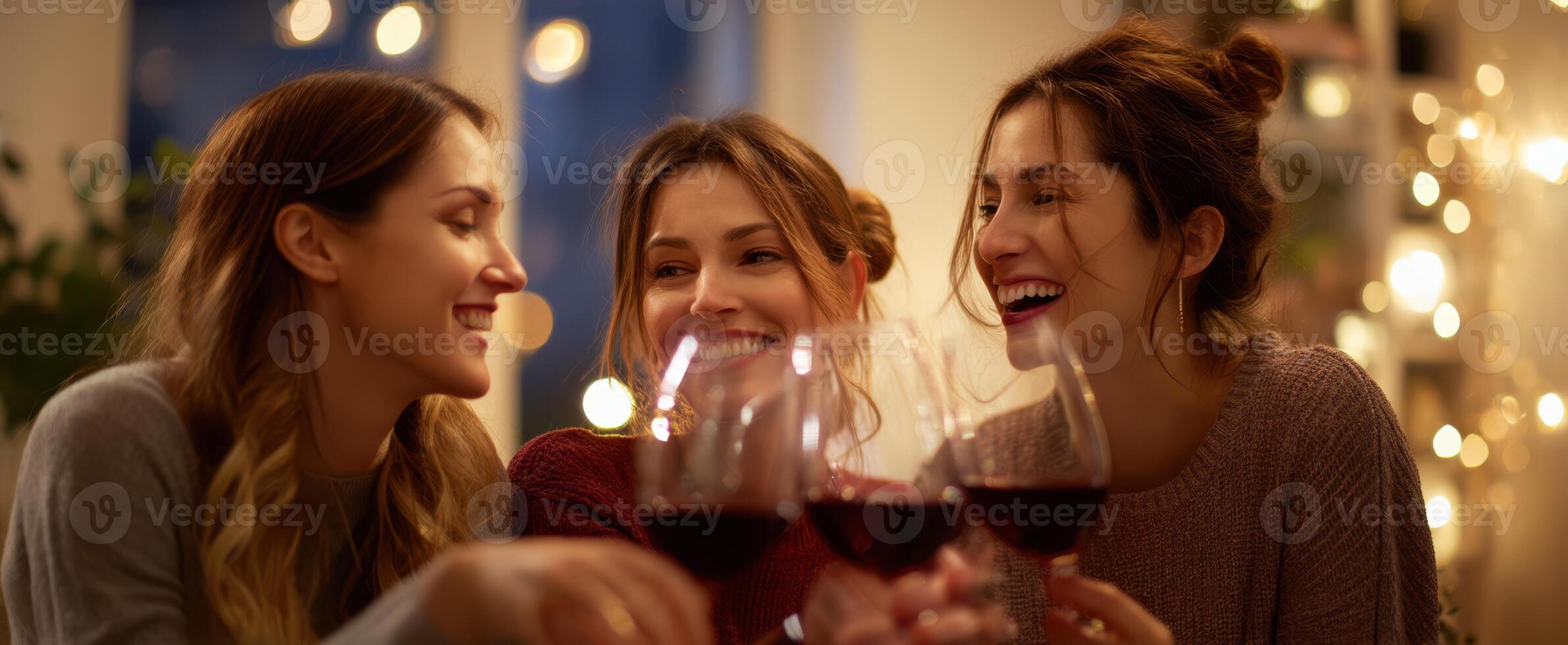 The joyful gathering of friends toasting with wine glasses. photo