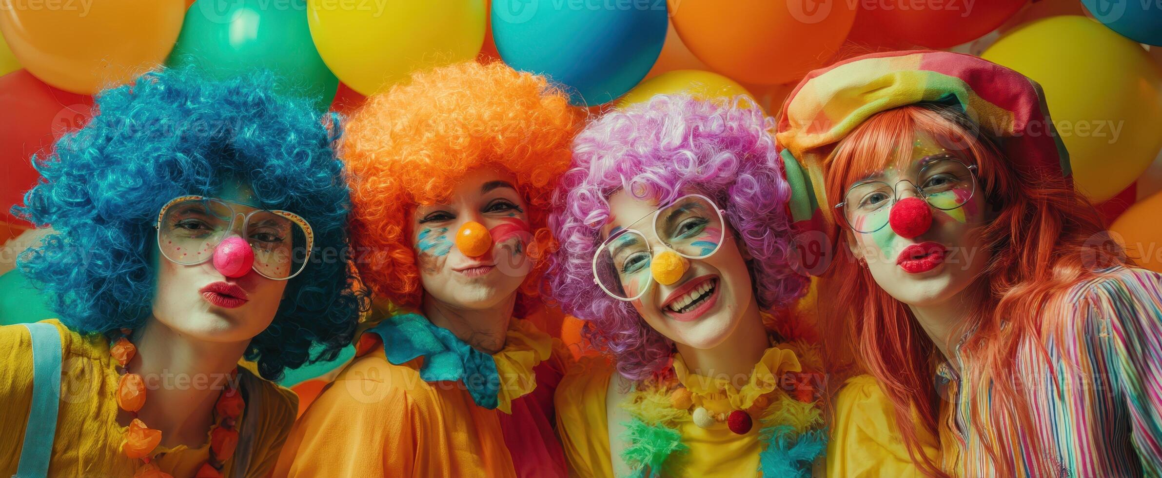 The joyful clowns celebrating friendship and fun in a colorful atmosphere. photo