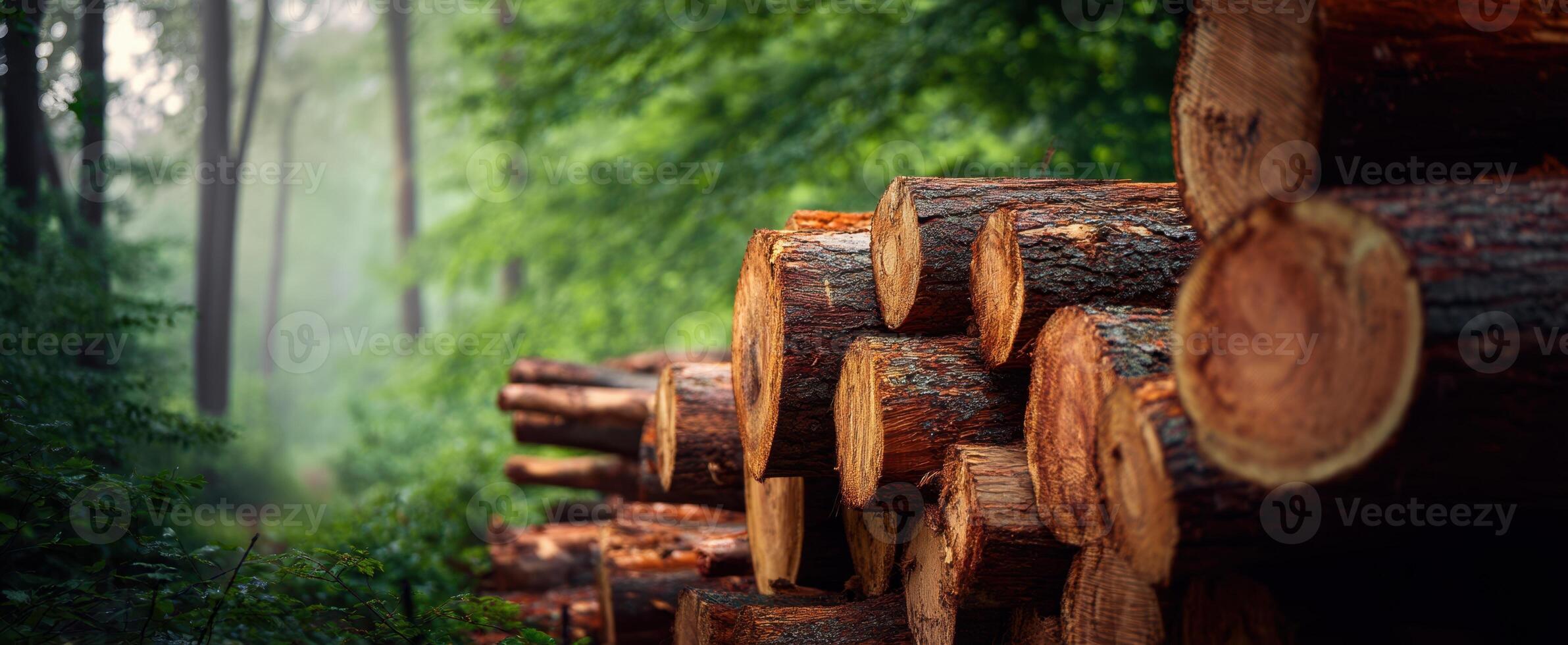 The stacked logs in a serene forest setting with lush greenery. photo