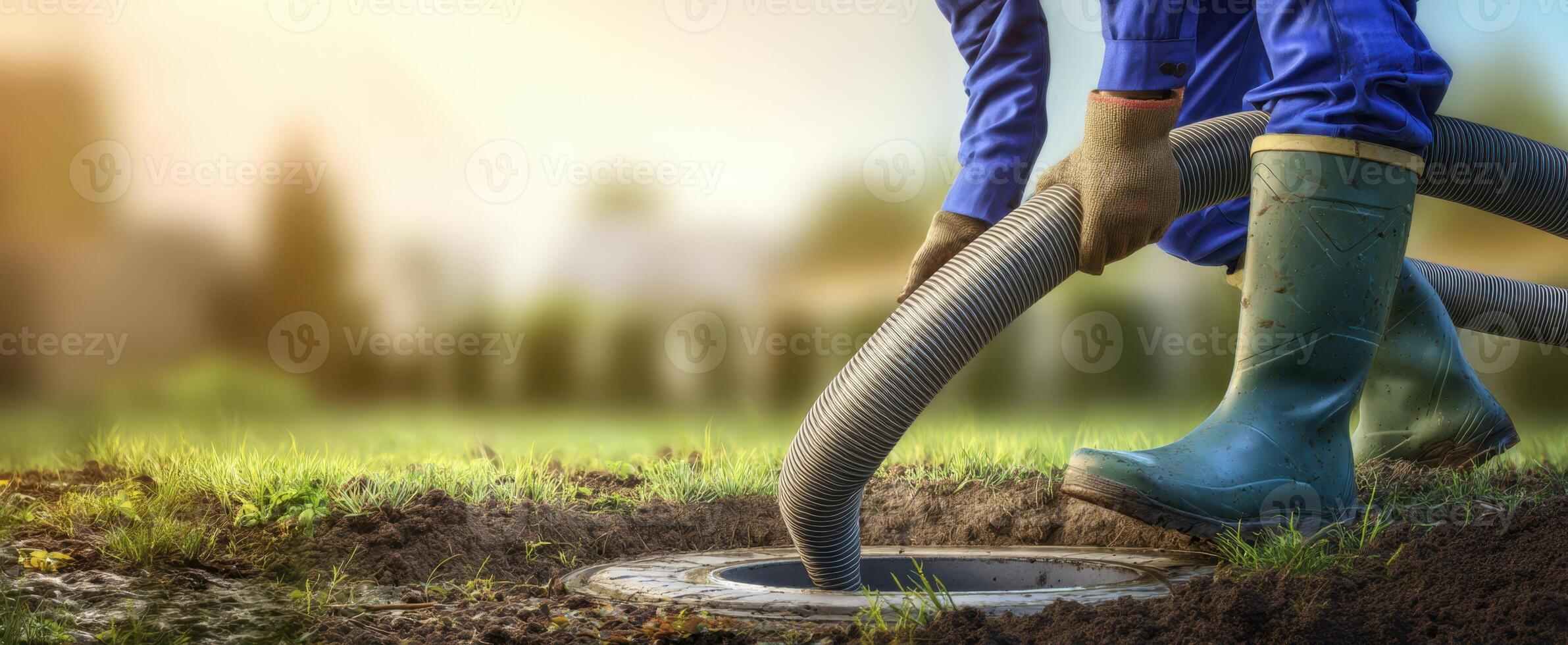 The worker using a hose to service a sewage system in a garden. photo