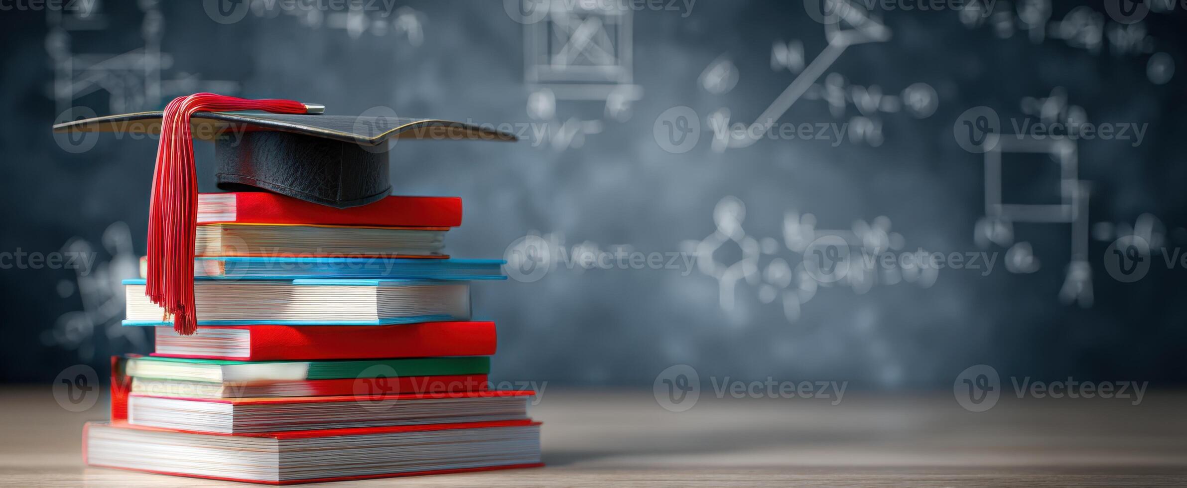 The graduation cap atop a stack of colorful books on a desk. photo