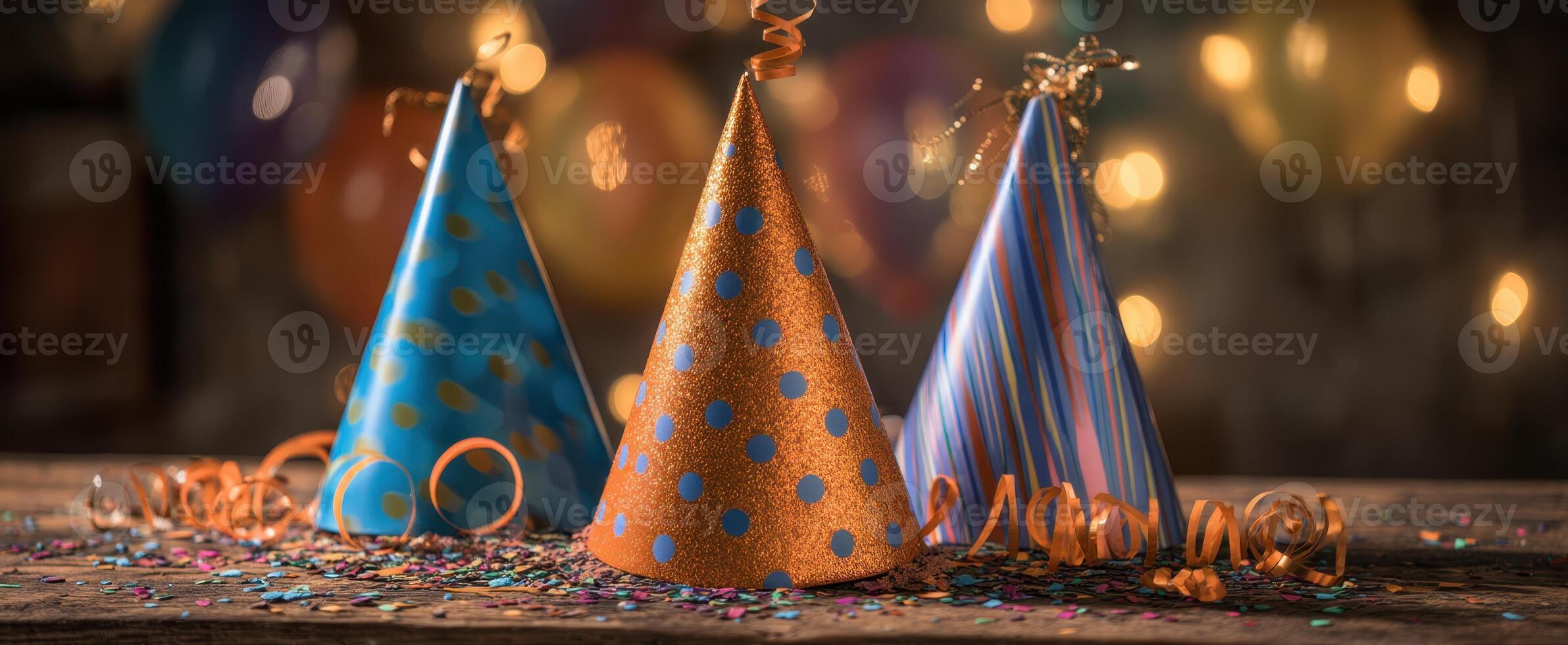 The colorful party hats arranged on a festive wooden table with vibrant decorations. photo