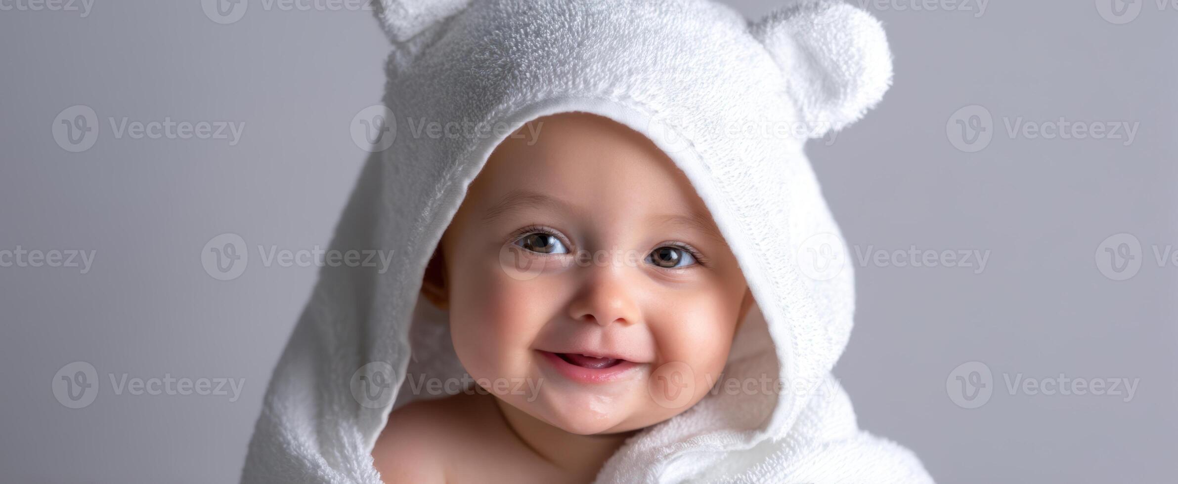 The adorable baby wrapped in a fluffy bear towel smiling joyfully. photo