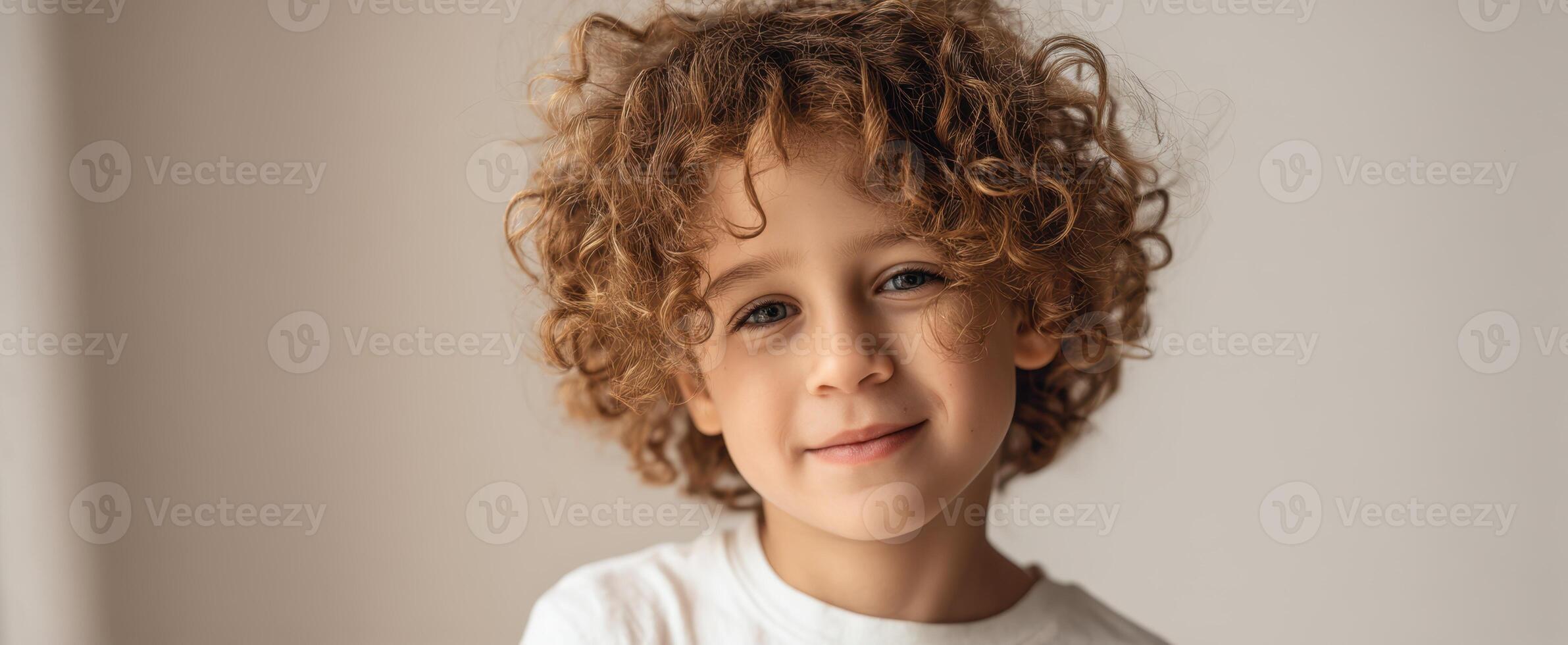 The cheerful child with curly hair smiling warmly at the camera. photo