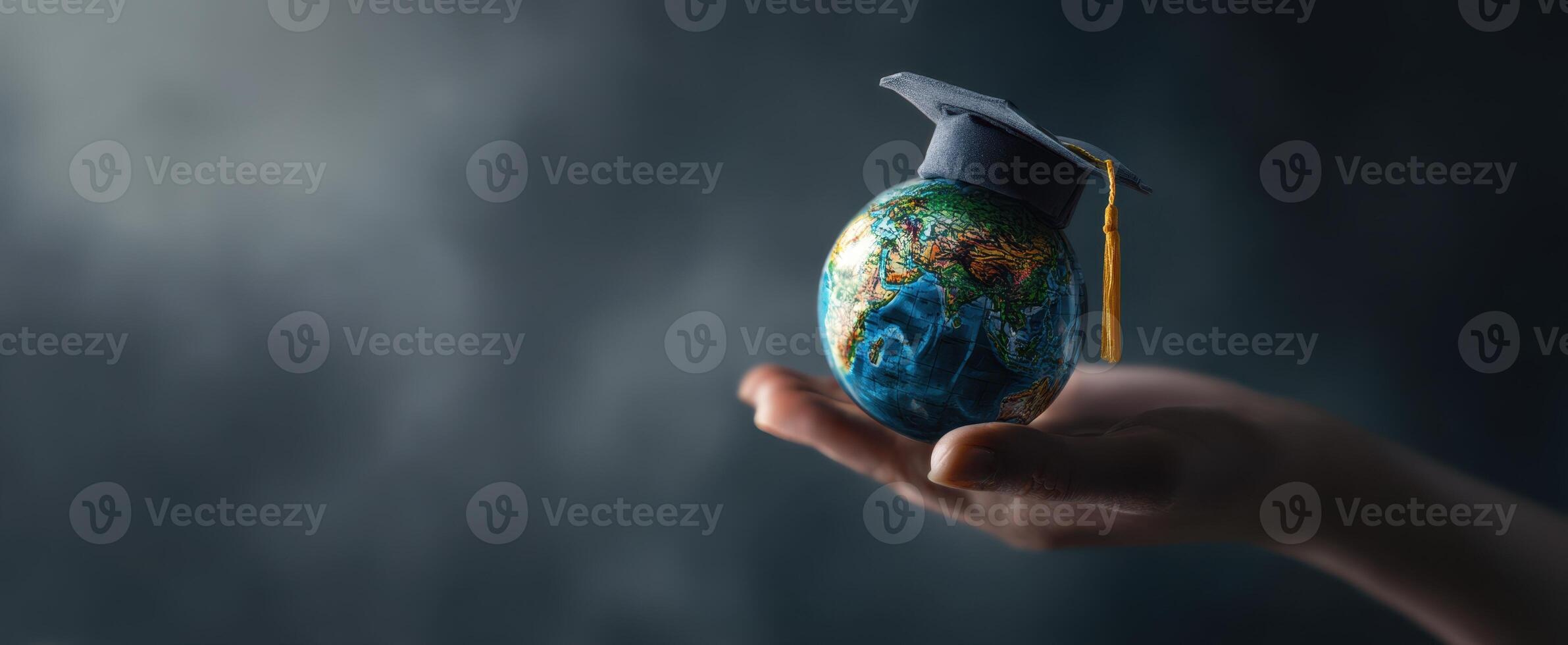 The globe wearing a graduation cap held in a human hand. photo