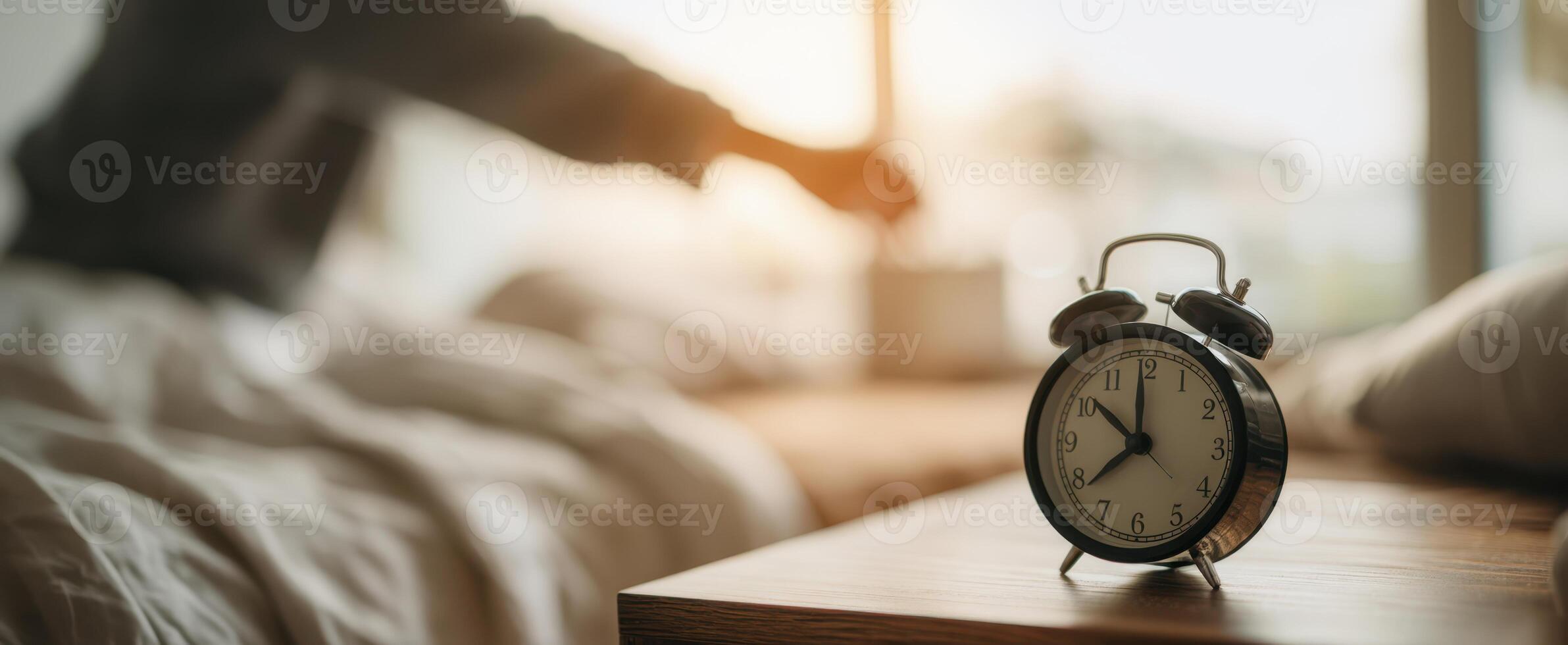 The classic alarm clock signaling the start of a new day in a cozy bedroom. photo