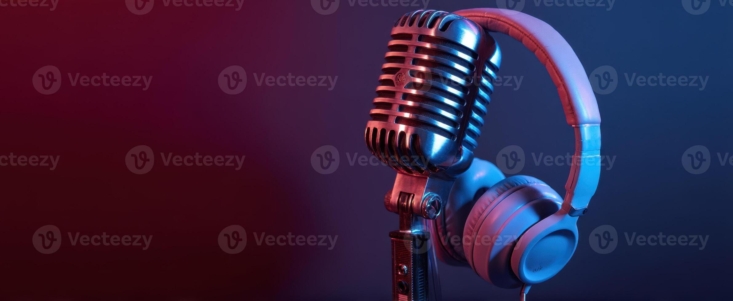 The vintage microphone with headphones against a dramatic colorful background. photo
