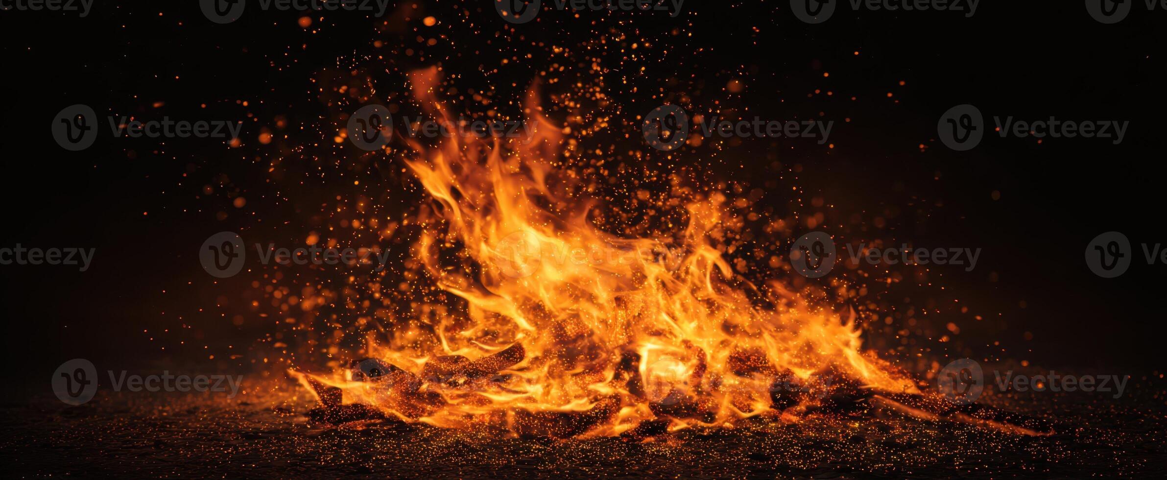 The captivating flames dancing in a dark environment with sparks flying. photo