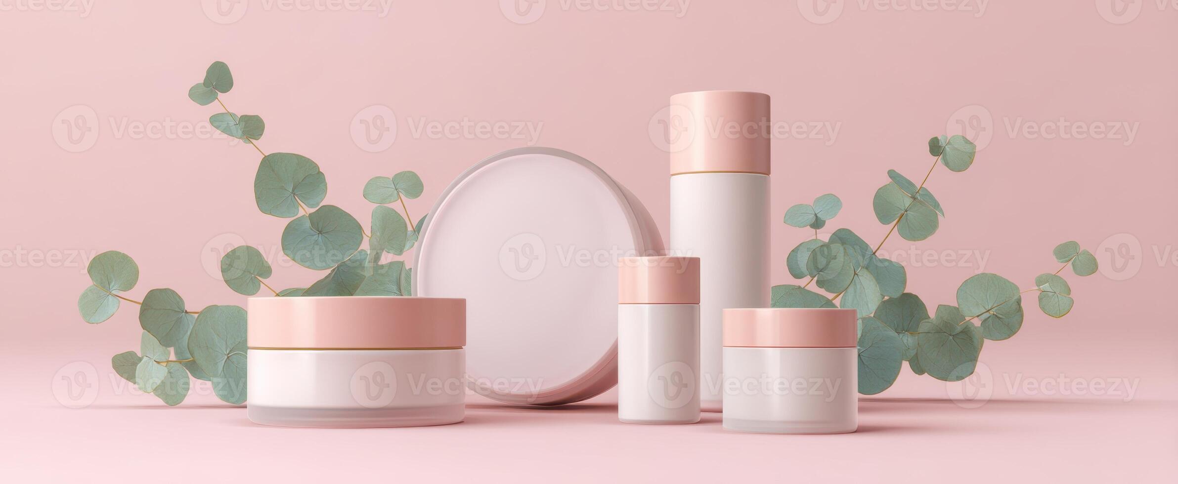 The elegant arrangement of skincare products with eucalyptus on a pastel background. photo