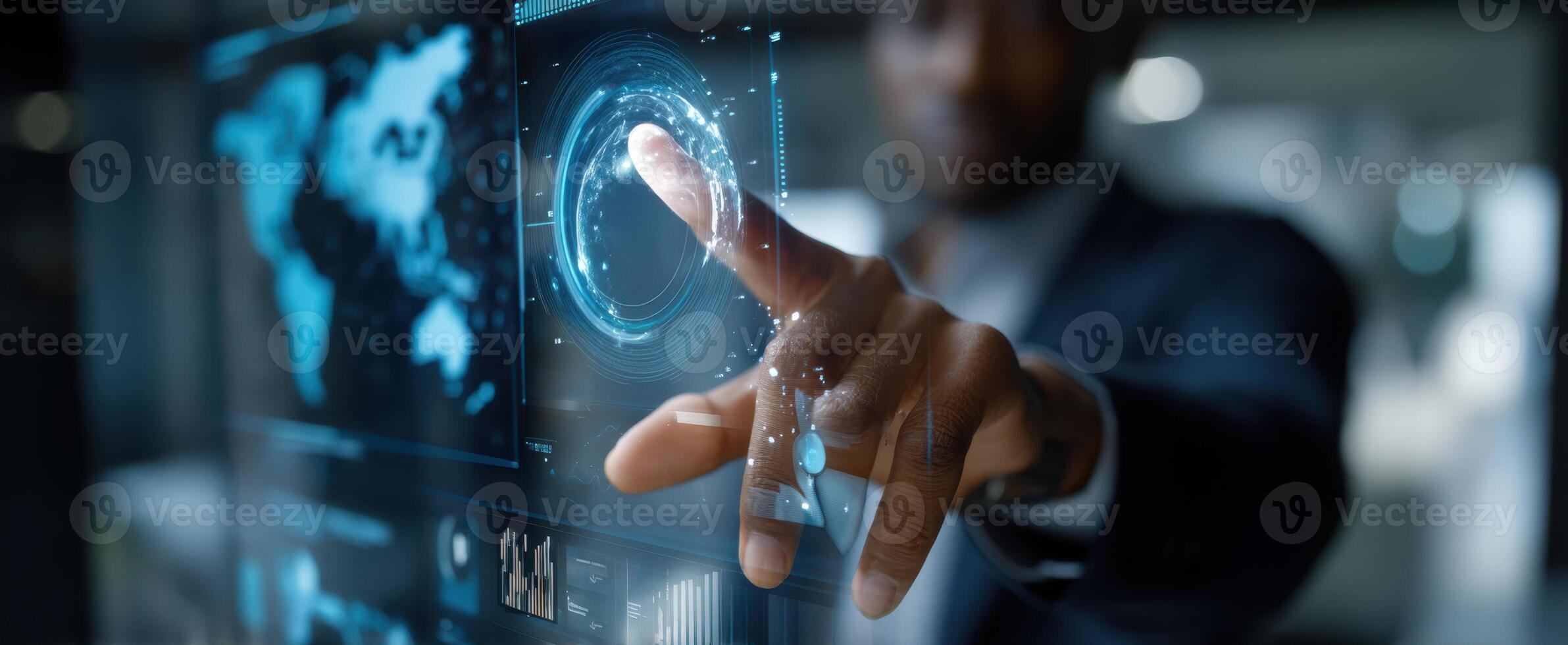 The sleek touchscreen interface being interacted with by a professional businessman. photo