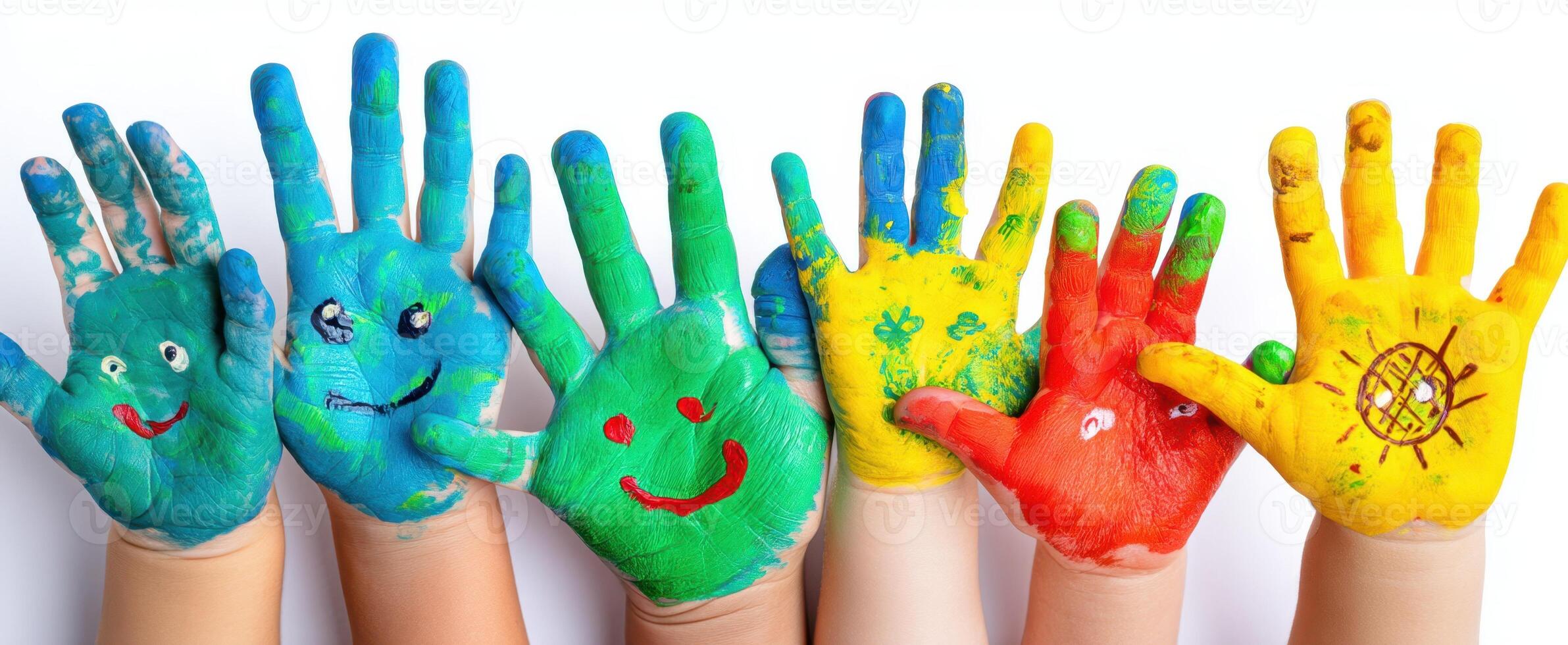 The colorful handprints of children showcasing creativity and joy in art. photo