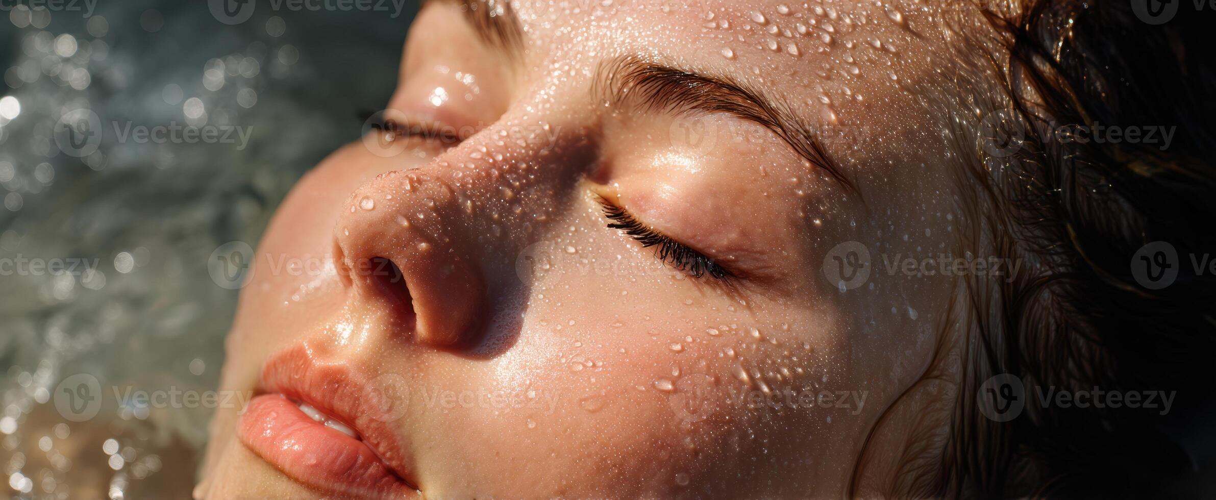 The serene beauty of a woman relaxing in water with glistening droplets. photo