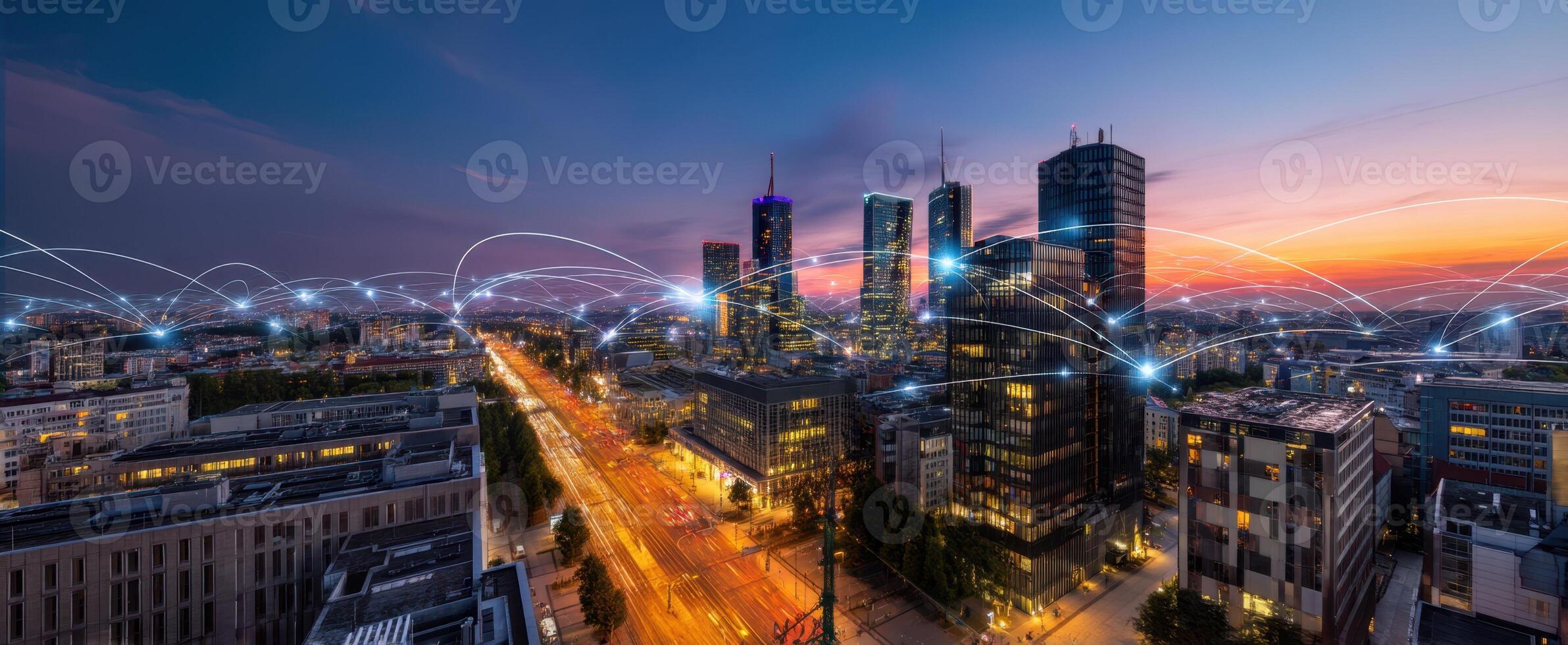 The networked city skyline illuminated by sunset and modern technology connections. photo