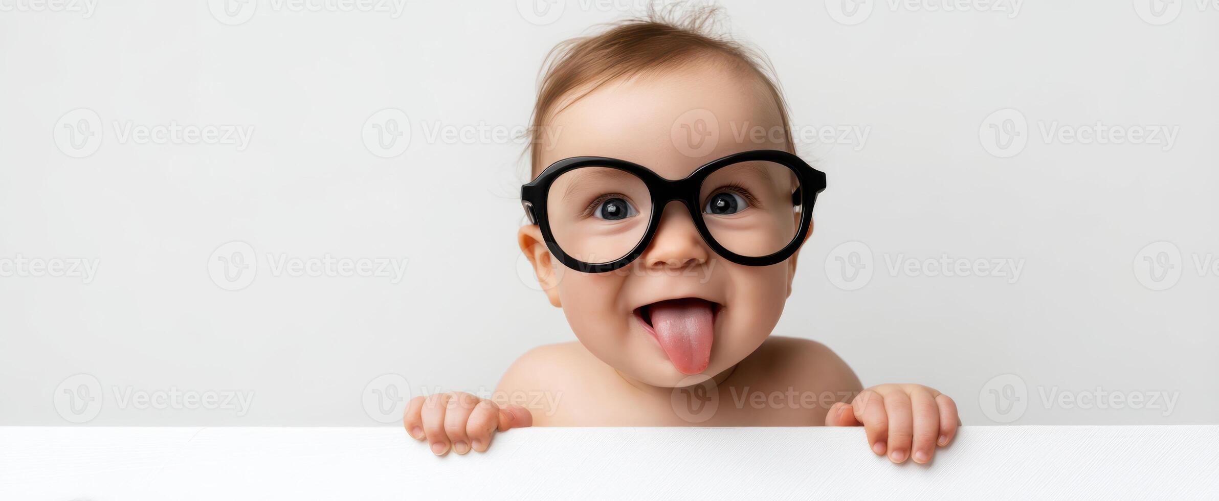 The baby wearing oversized glasses making a silly face with a playful expression. photo