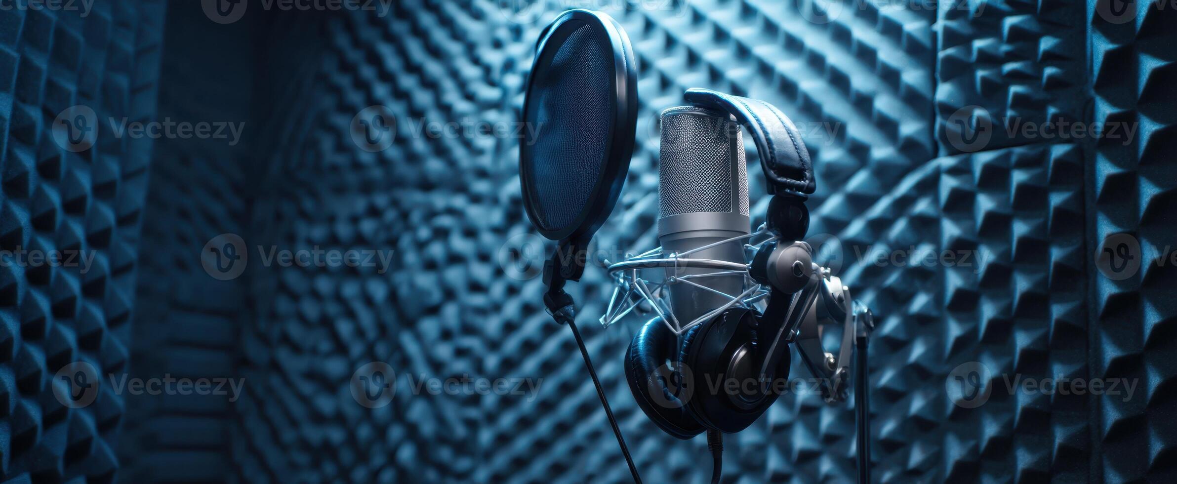 The microphone and headphones set in a modern soundproof recording studio. photo