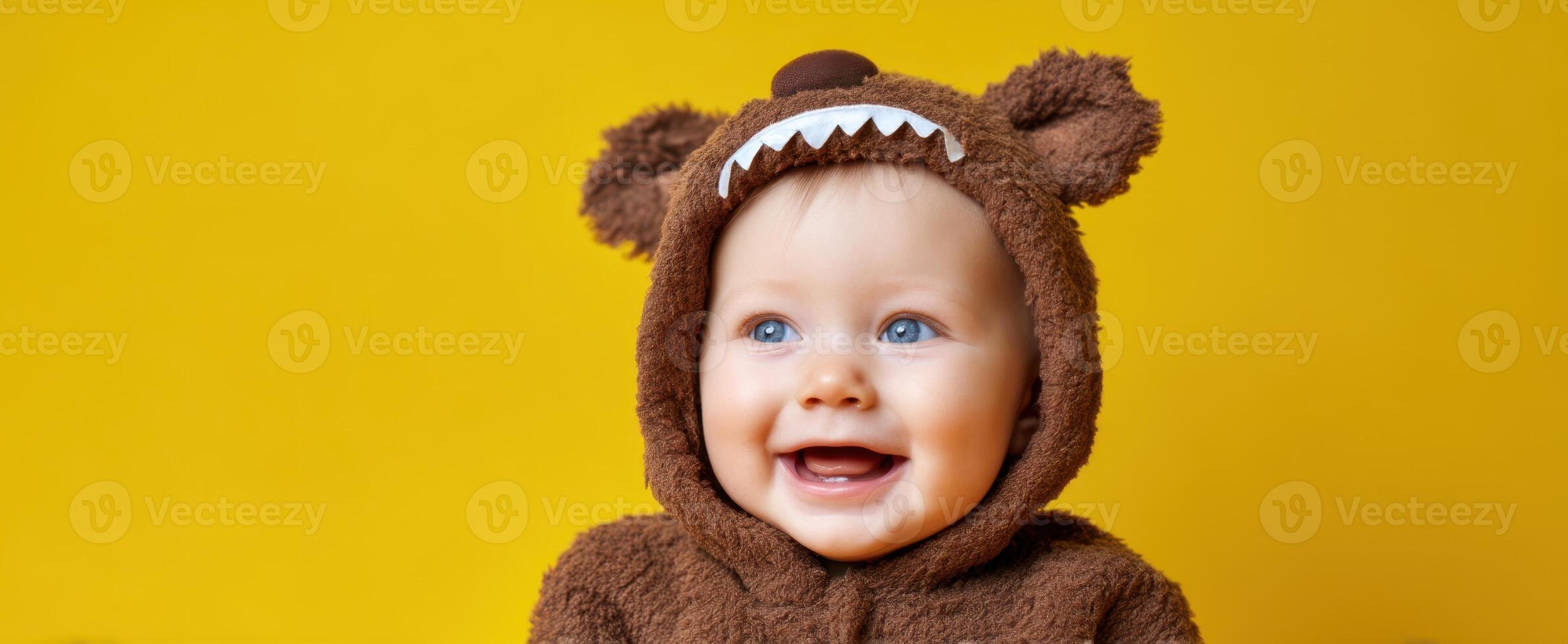 The adorable baby in a bear costume smiles against a bright yellow background. photo
