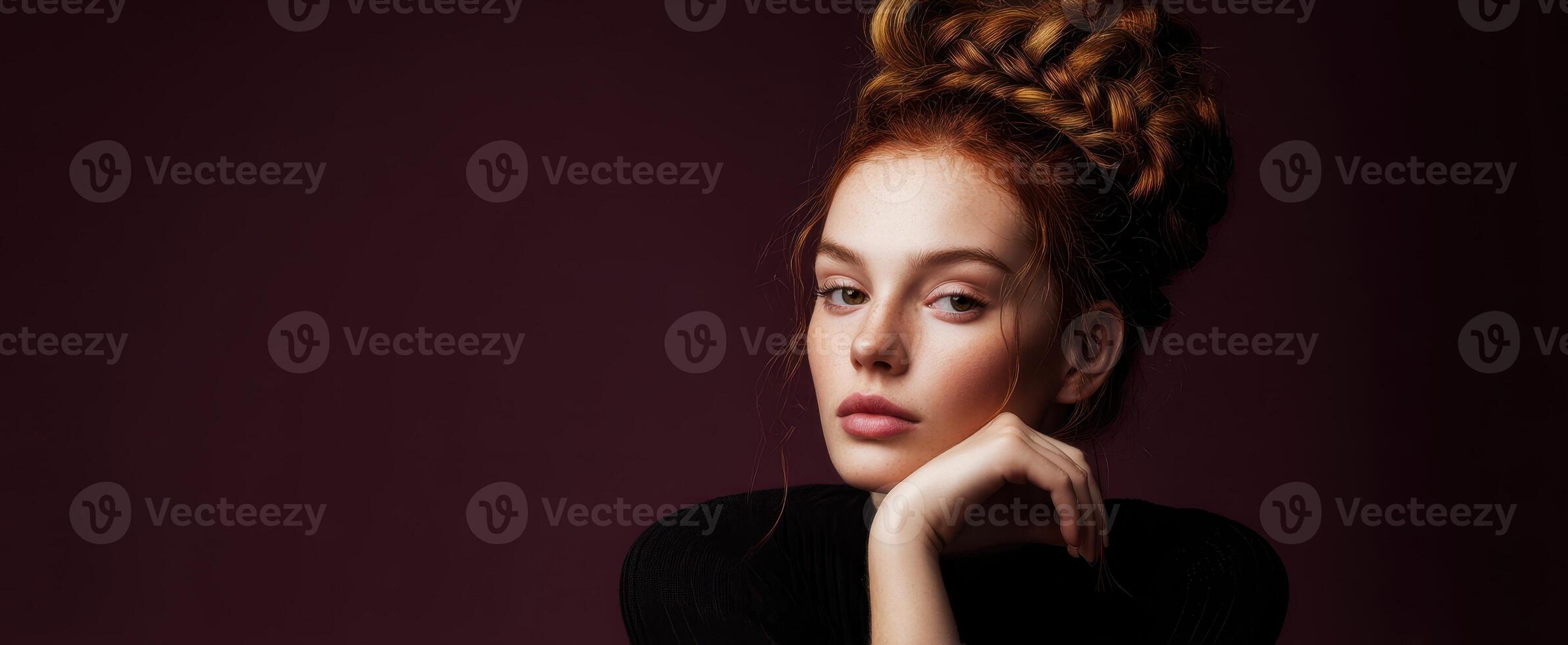 The stunning portrait of a woman with captivating expression and beautiful hairstyle. photo