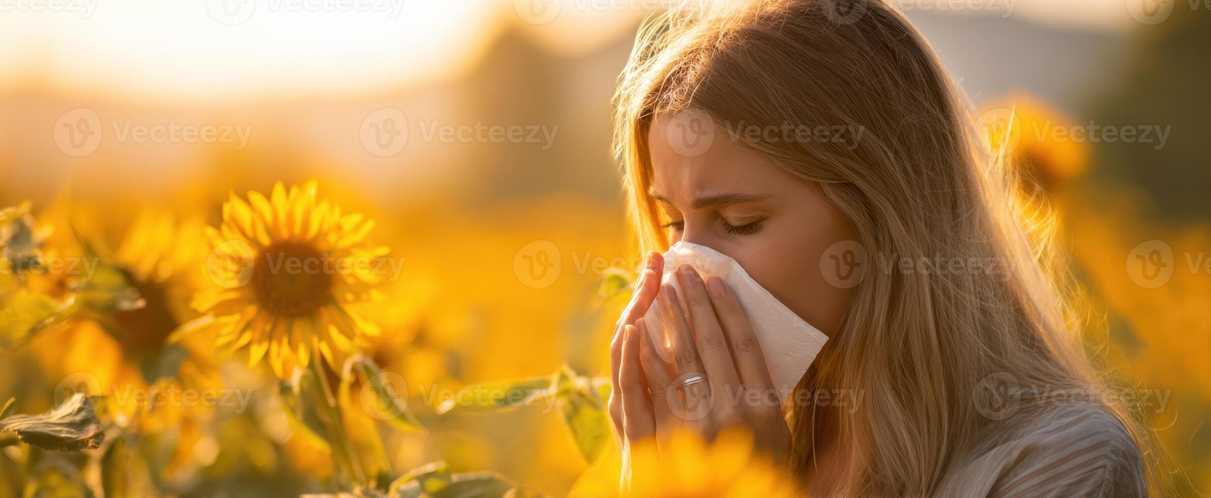 The woman experiencing allergies while surrounded by blooming sunflowers in sunlight. photo