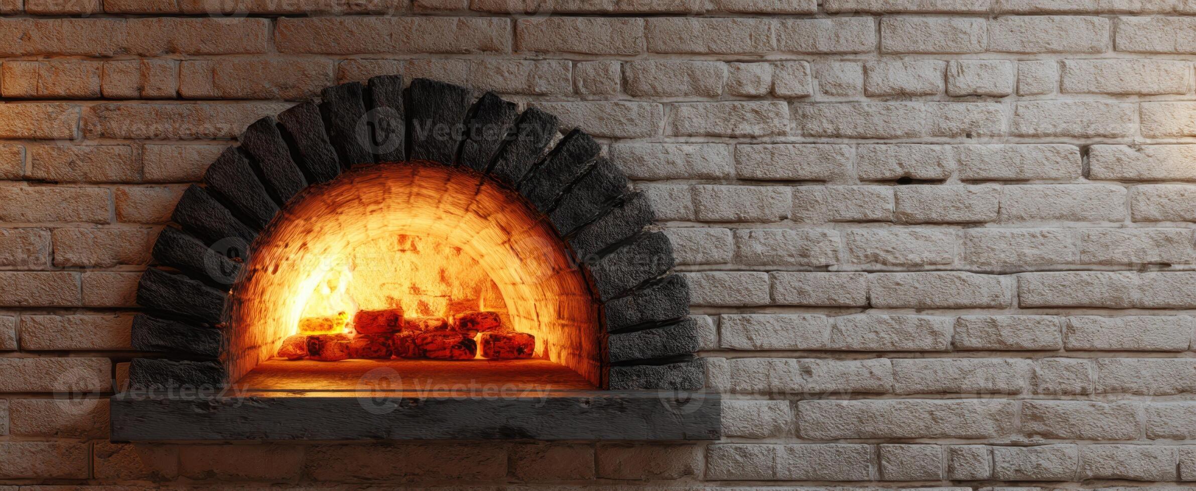 The inviting glow of a rustic brick fireplace in a cozy home setting. photo