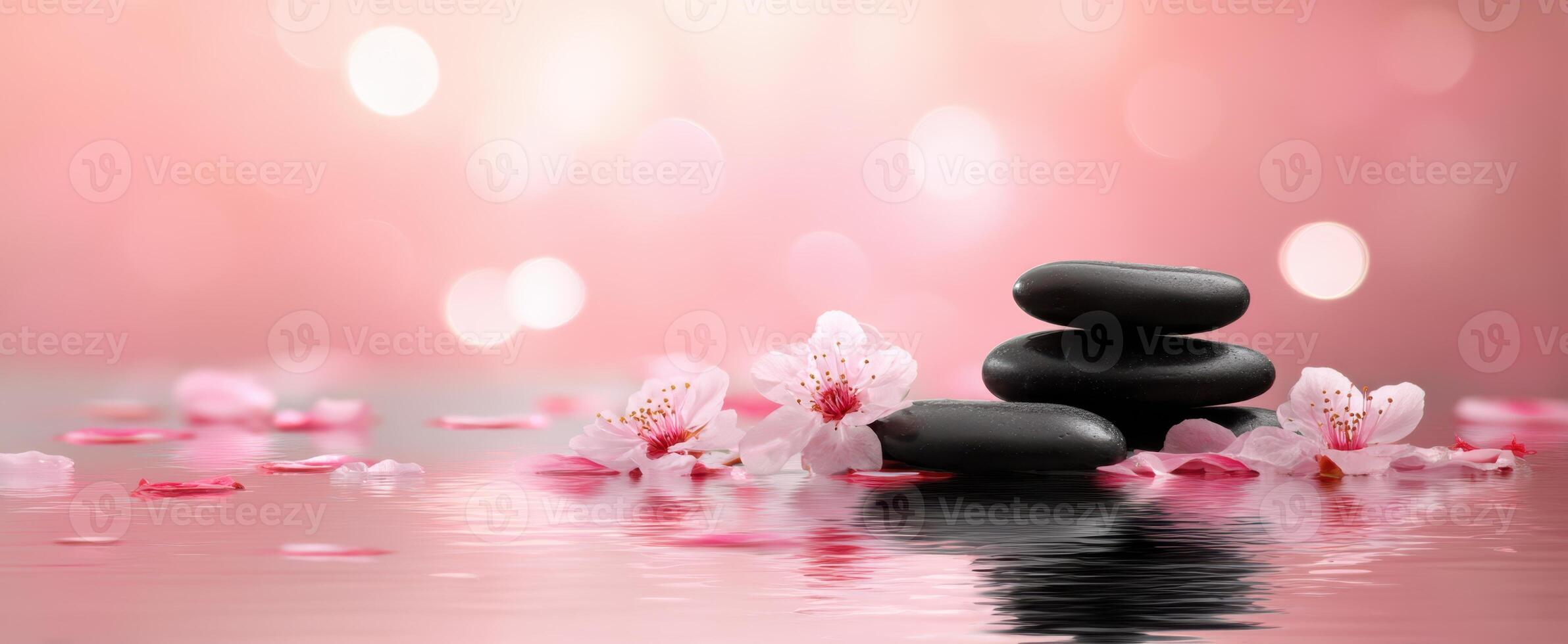 The tranquility of stacked stones with cherry blossoms and serene water reflection photo