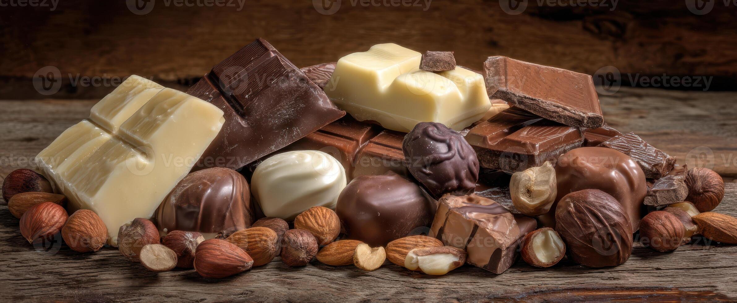 The assortment of chocolate varieties with nuts on a rustic wooden background. photo