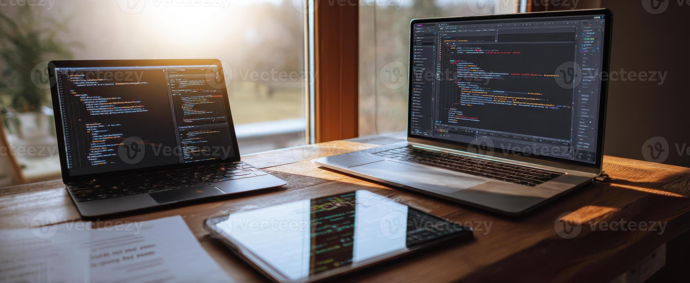 The modern coding workspace with laptops and tablets in natural light. photo