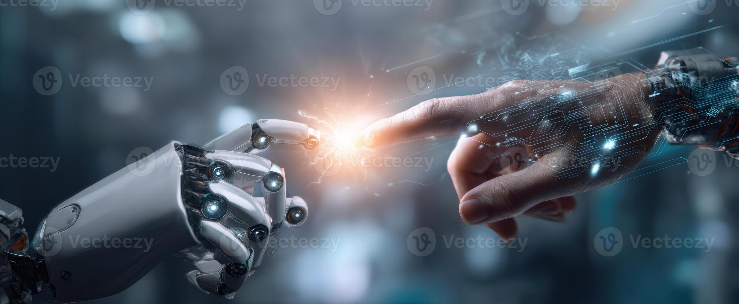The human and robot hands bridging the gap of connection in a digital world. photo