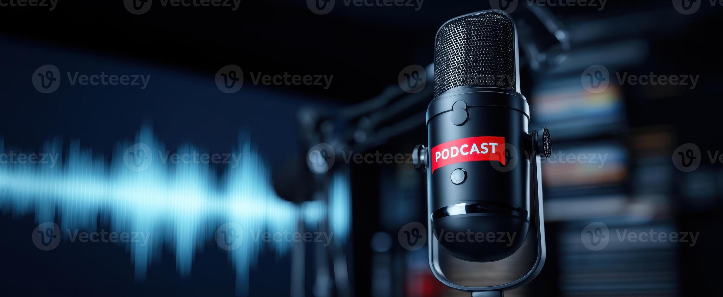 The podcast microphone ready for recording in a professional studio setup. photo