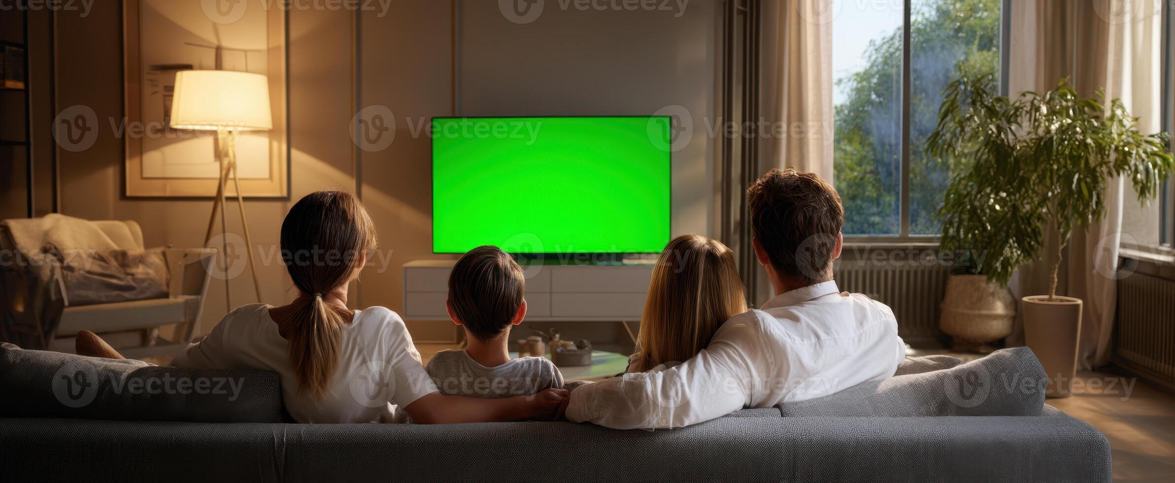 The family enjoying a cozy evening together while watching television. photo