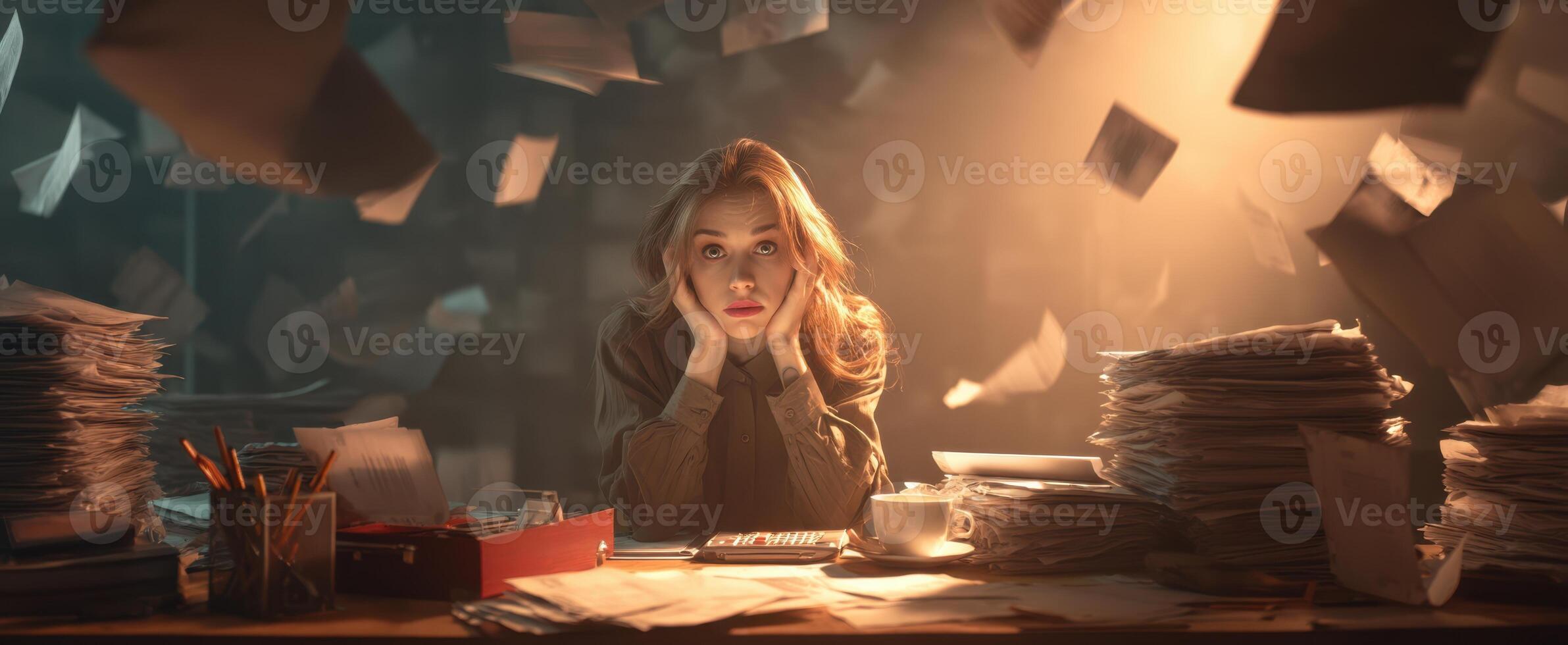 The overwhelmed woman surrounded by chaotic paperwork and dim lighting. photo