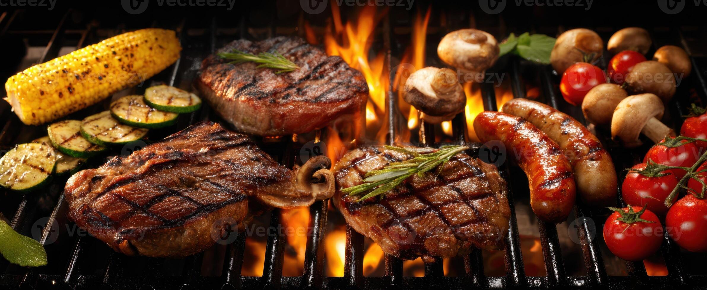 The Grilled Meat Selection on a Barbecue with Fresh Vegetables and Flames photo