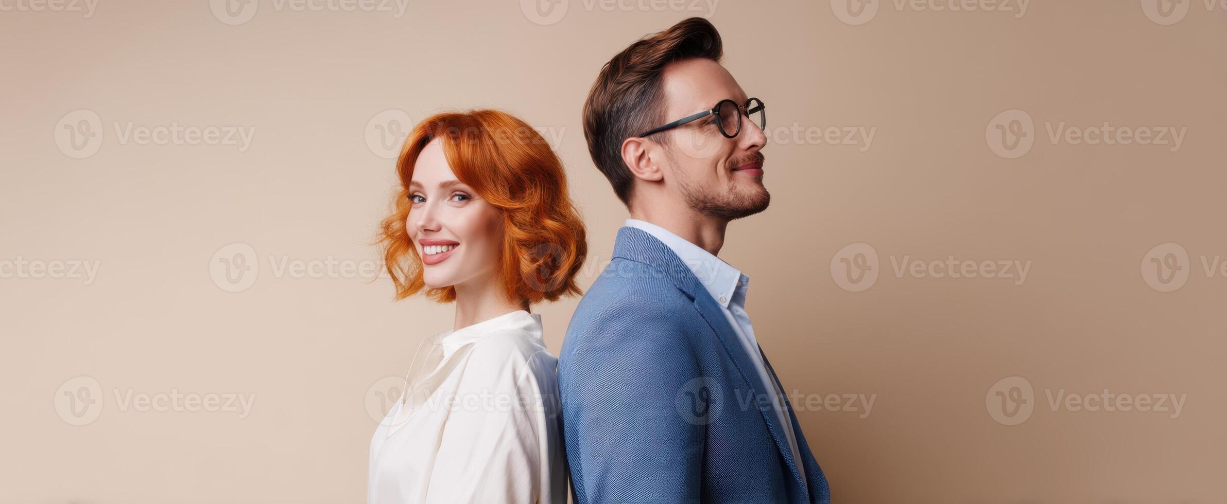 The confident couple showcasing modern fashion and joyful expressions together. photo