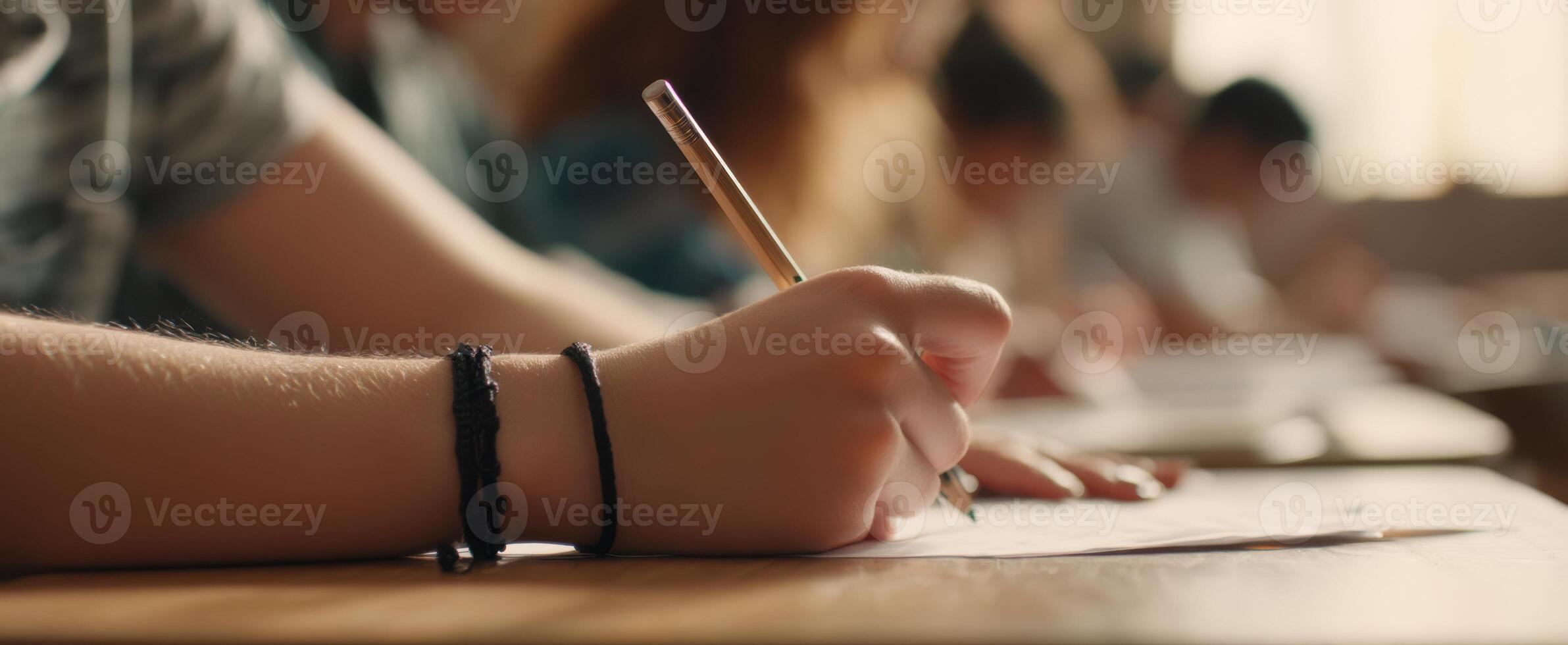 The student writing notes in a classroom during an educational session. photo
