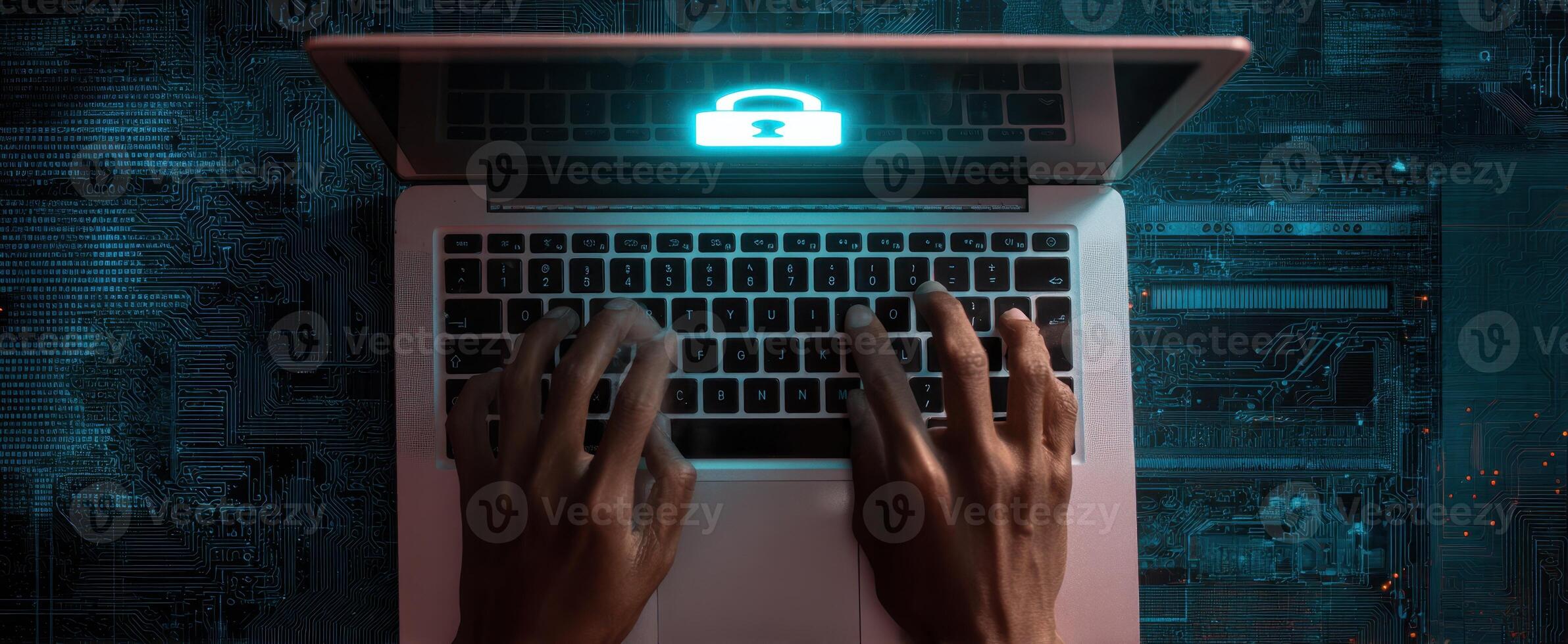 The laptop displaying a digital lock symbol emphasizing cybersecurity and protection. photo
